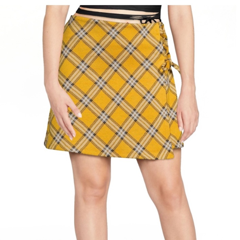 Madden NYC Classic Yellow Plaid Print with Lace Up Side and Wrap Skirt